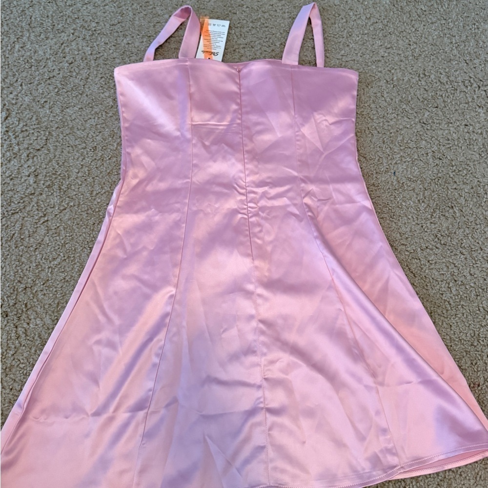 Pink Satin Mini Dress with Spaghetti Straps - Picture 2 of 6